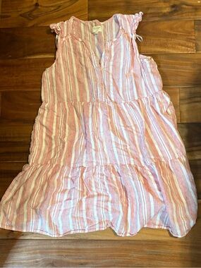 Gentle Fawn Maggie Linen Blend Tiered Mini Dress Pink Stripe Size S (0808)